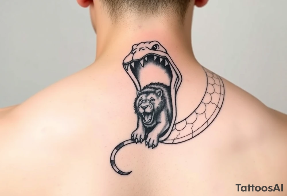 A snake with mouth wide and a lion crawling out of the mouth of snake tattoo idea