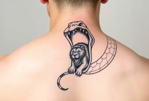 A snake with mouth wide and a lion crawling out of the mouth of snake tattoo idea