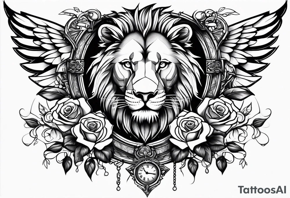 lion clock rose cross chain wing on thigh tattoo idea