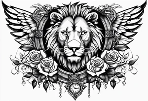 lion clock rose cross chain wing on thigh tattoo idea