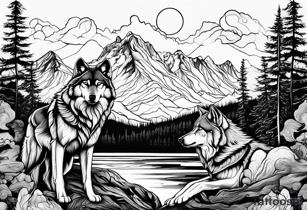 wolf mountain tattoo idea