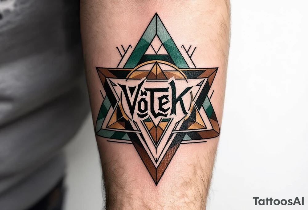 Vítek written in strong, clean letters, surrounded by geometric triangles in shades of forest green and earthy brown. tattoo idea