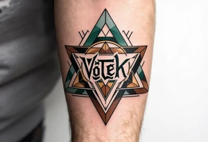 Vítek written in strong, clean letters, surrounded by geometric triangles in shades of forest green and earthy brown. tattoo idea