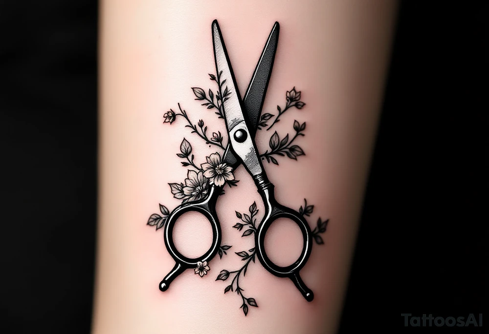 large haircutting scissors with flowers and vine woven arount tattoo idea