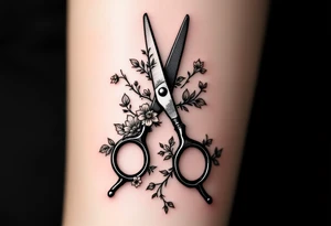 large haircutting scissors with flowers and vine woven arount tattoo idea