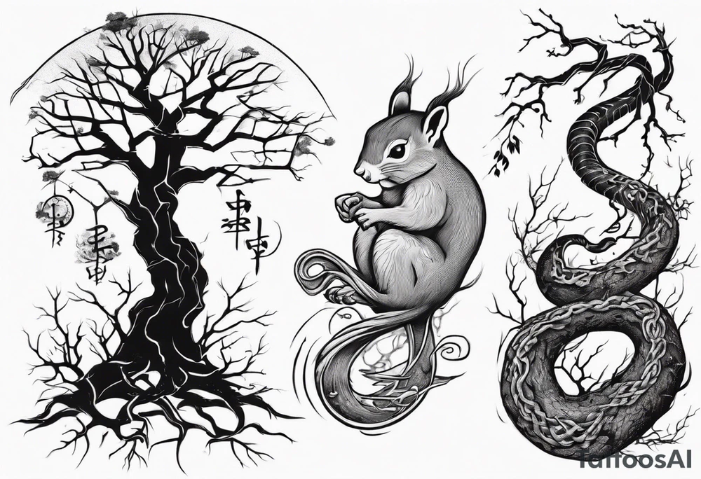 a bare tree with a small squirrel running up the side, a serpent weaving through the tree roots tattoo idea