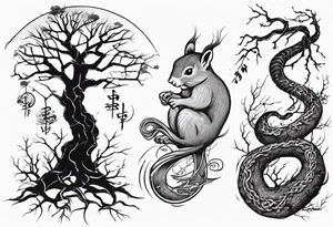 a bare tree with a small squirrel running up the side, a serpent weaving through the tree roots tattoo idea