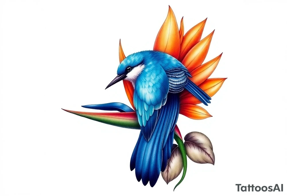 Bird of paradise flower with blue bird tattoo idea