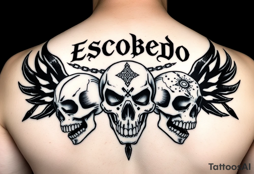 Upper back tattoo in stark emo-punk linework. ‘Escobedo’ carved bold and clean across the shoulders. Black flame arcs rise behind it like wings—sharp, negative space-driven. Between the flames, loose chains drape with motion. Three skulls: cracked on the left, snarling in the center, screaming on the right. Each skull etched with fine Aztec-inspired marks—sunbursts, dots, and sacred lines. No color. No shading. Just fire, bone, and steel inked in symmetry. tattoo idea