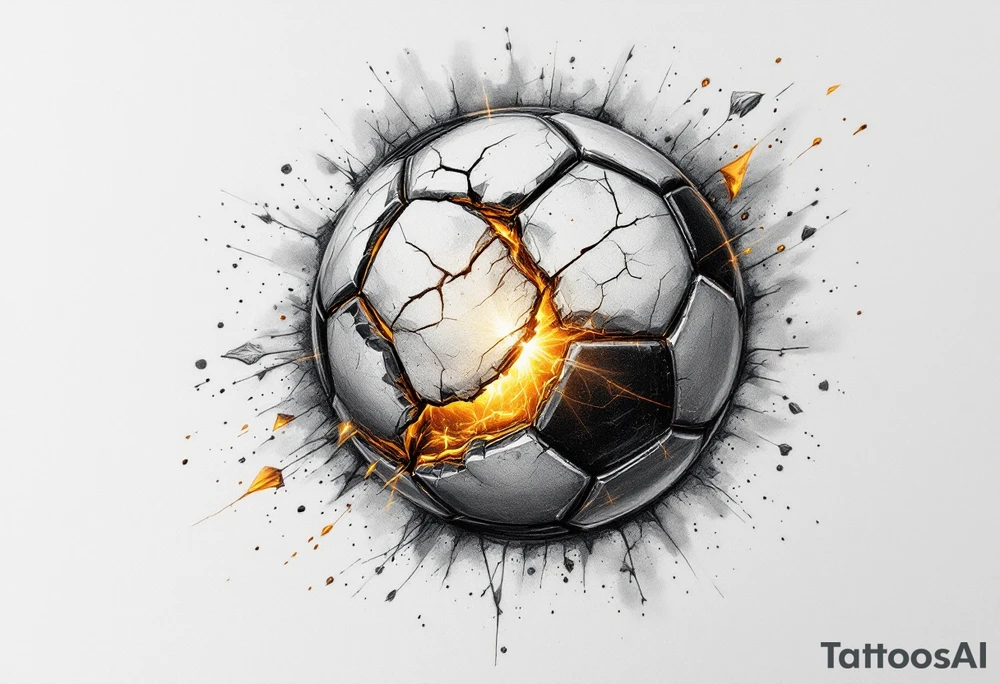 A cracked soccer ball with golden light spilling from inside like a treasure. tattoo idea