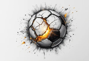 A cracked soccer ball with golden light spilling from inside like a treasure. tattoo idea