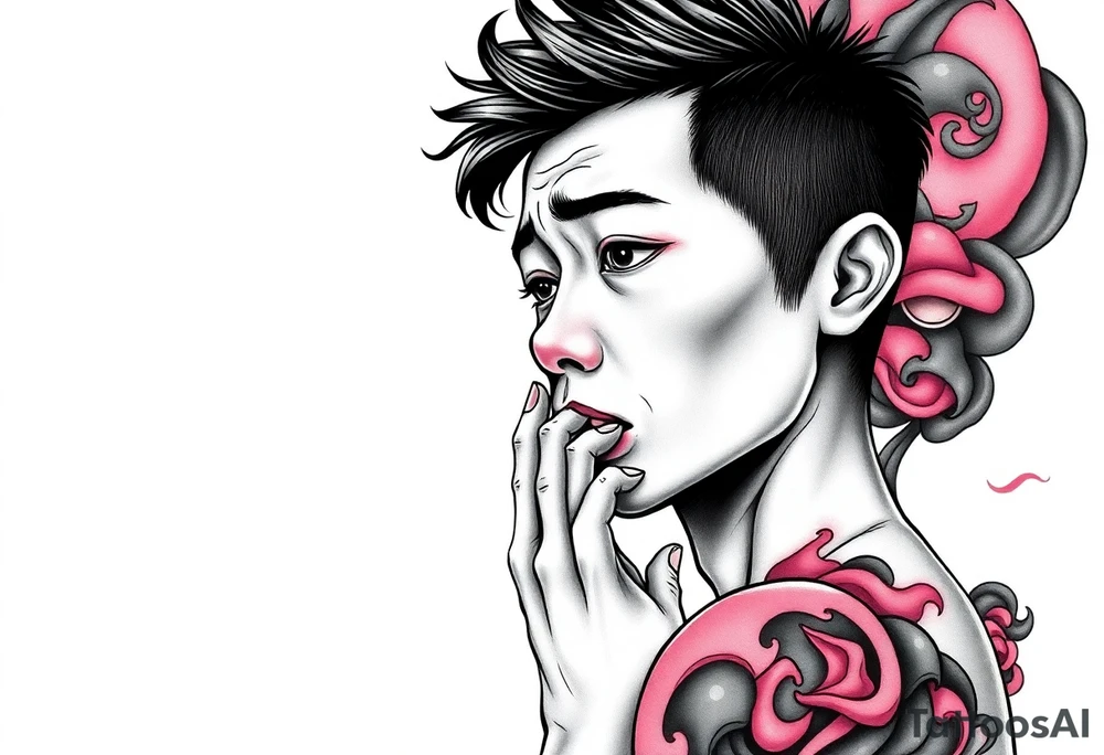 Handsome Asian young guy is standing on his knees sorry tattoo idea