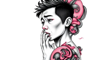 Handsome Asian young guy is standing on his knees sorry tattoo idea