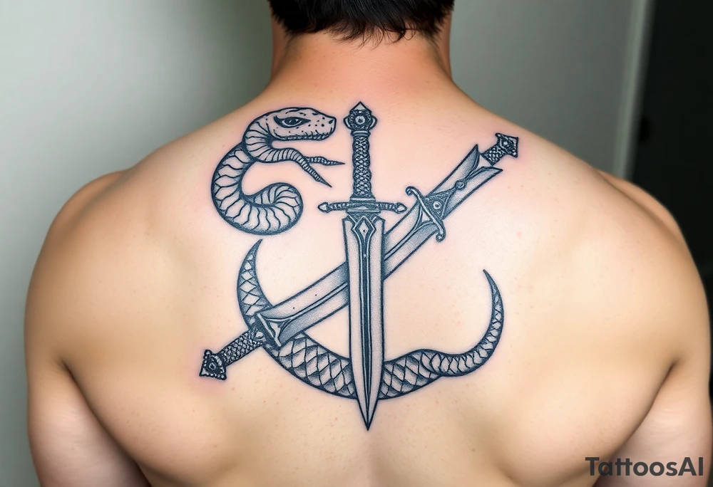 mystical snake coiled around an ancient dagger with jeweled hilt tattoo idea