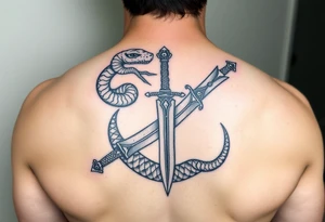 mystical snake coiled around an ancient dagger with jeweled hilt tattoo idea
