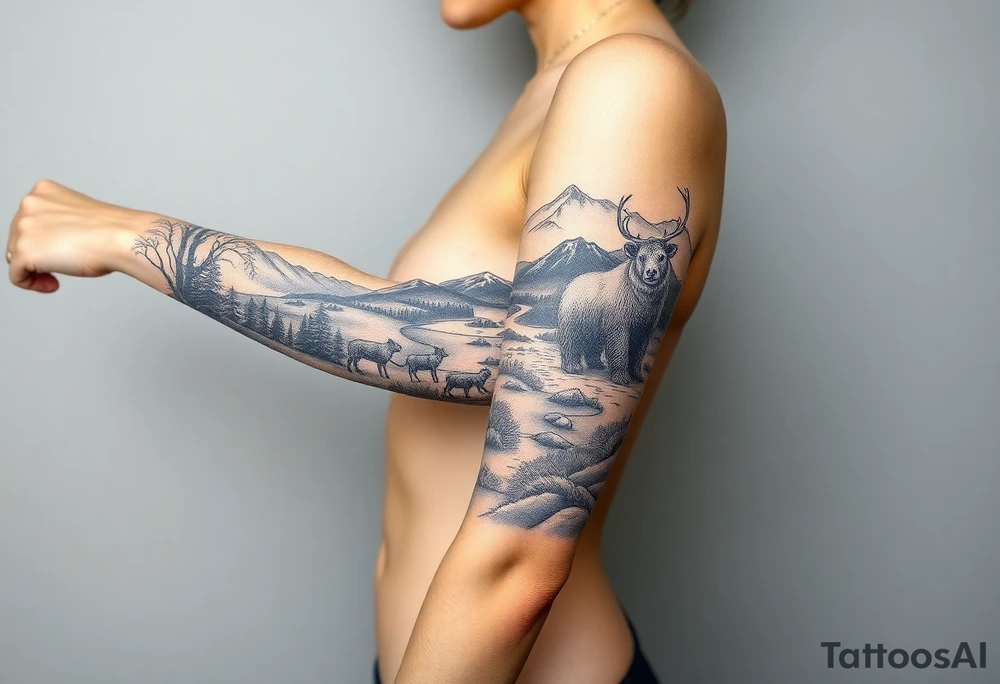 A full-sleeve with the Härjedalen landscape, reindeer, bear, lakes, mountains (Helags), tattoo idea