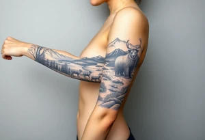 A full-sleeve with the Härjedalen landscape, reindeer, bear, lakes, mountains (Helags), tattoo idea