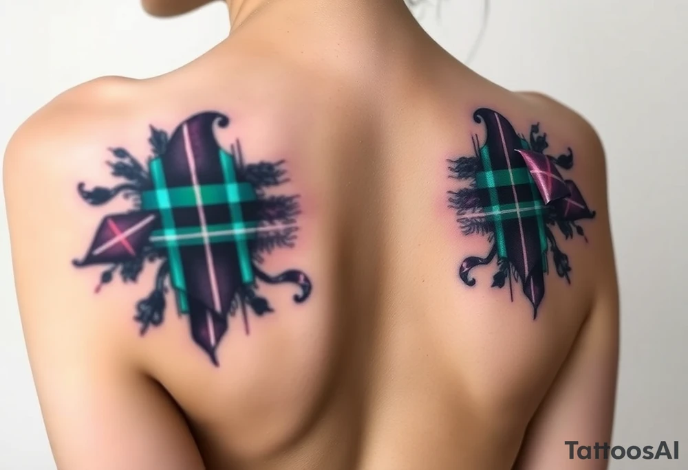 Between Breasts

Dark Purple with green pink blue and white highlights tartan fabric with skin around edges peeling and wrapping around side of shoulder tattoo idea