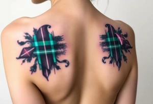 Between Breasts

Dark Purple with green pink blue and white highlights tartan fabric with skin around edges peeling and wrapping around side of shoulder tattoo idea