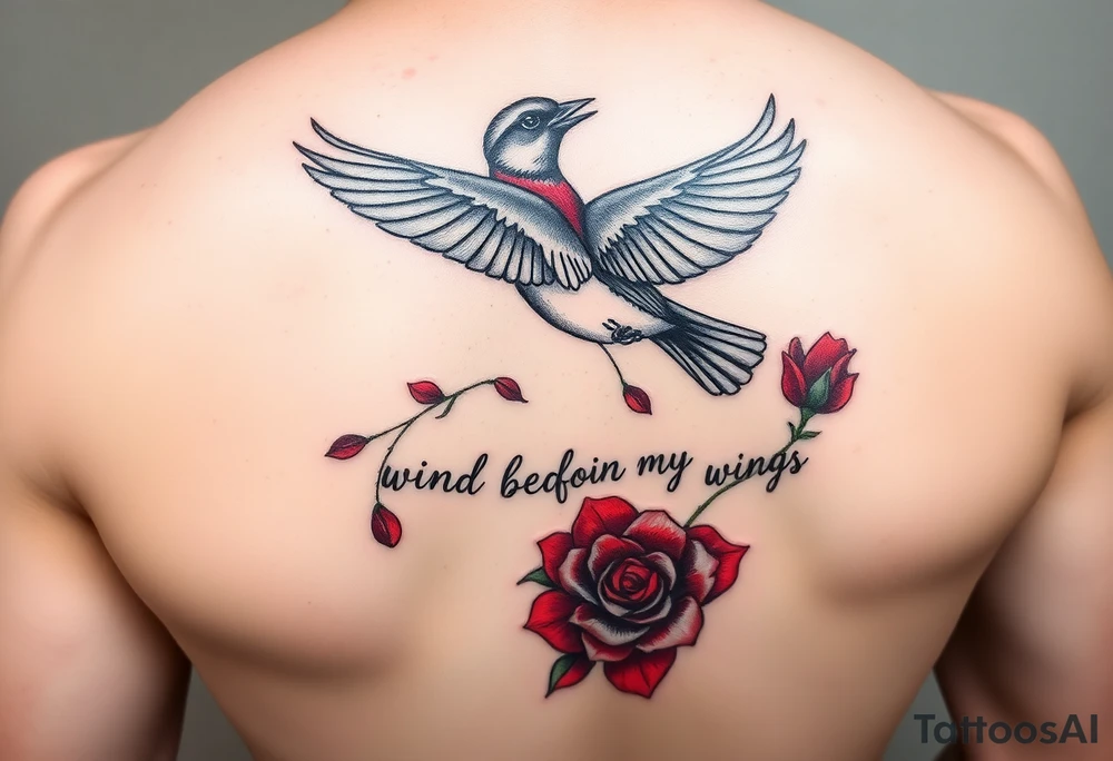 Soaring robin with trail of red rose petals with writing saying wind beneath my wings tattoo idea
