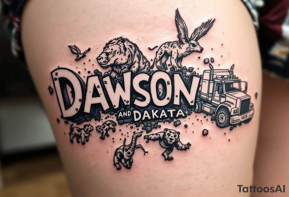 Dawson and Dakota spelled with legos and trucks and animals tattoo idea