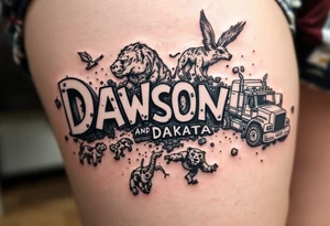 Dawson and Dakota spelled with legos and trucks and animals tattoo idea