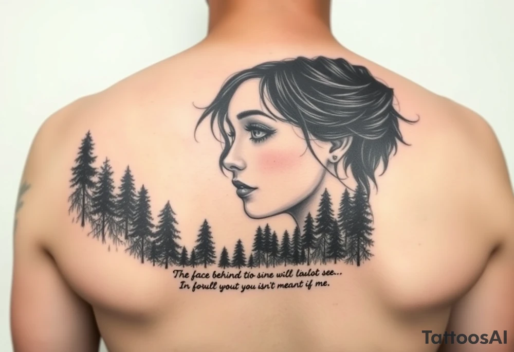 An upper arm tattoo of a women's face framed in a jagged forest in the style of Ryan Ashley Malarkey with the lyrics, "The face behind the silhouette, In this world I made to be infinite,
But within the expanse, I finally see
A world without you isn't meant for me", from the band Lorna Shore with their dark forest imagery and aesthetics. tattoo idea