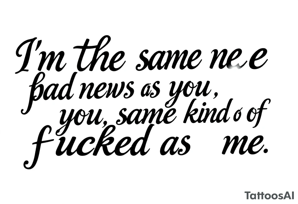 Chicano blackletter script tattoo, elegant cursive with thick and thin strokes, dramatic flourishes on 'f' and 'y'. Text: “I’m the same bad news as you, you’re the same kind of fucked as me.” High contrast, black ink on white background, no shading, no color tattoo idea