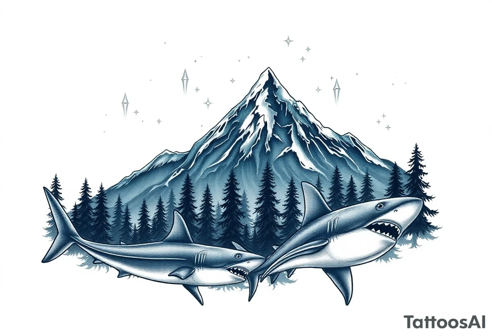 forest mountains under the northen lights with sharks tattoo idea