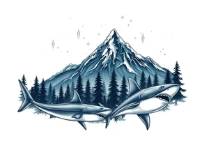 forest mountains under the northen lights with sharks tattoo idea