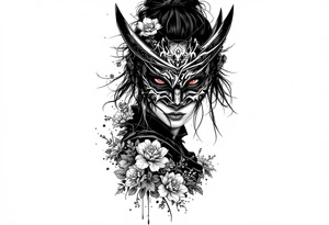 Woman samurai with red eyes wearing an half and broken kitsune mask, holding 
two katana and Sakura flowers ornement
Tatoo is for upper arm tattoo idea