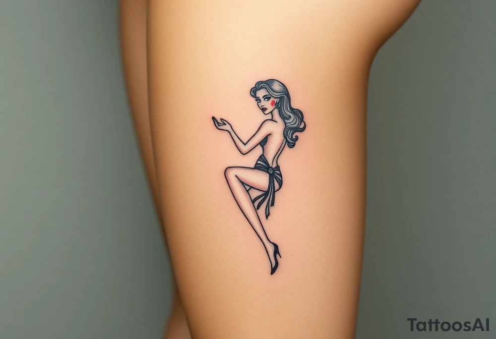 BDSM-themed art deco woman, intricate linework, thigh tattoo. tattoo idea