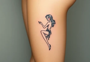 BDSM-themed art deco woman, intricate linework, thigh tattoo. tattoo idea