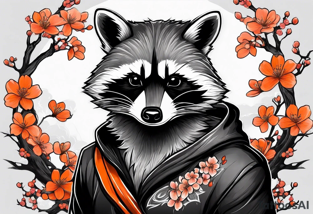 Raccoon wearing a white Superman logo on a black hoodie and orange Japanese cherry blossoms beside tattoo idea