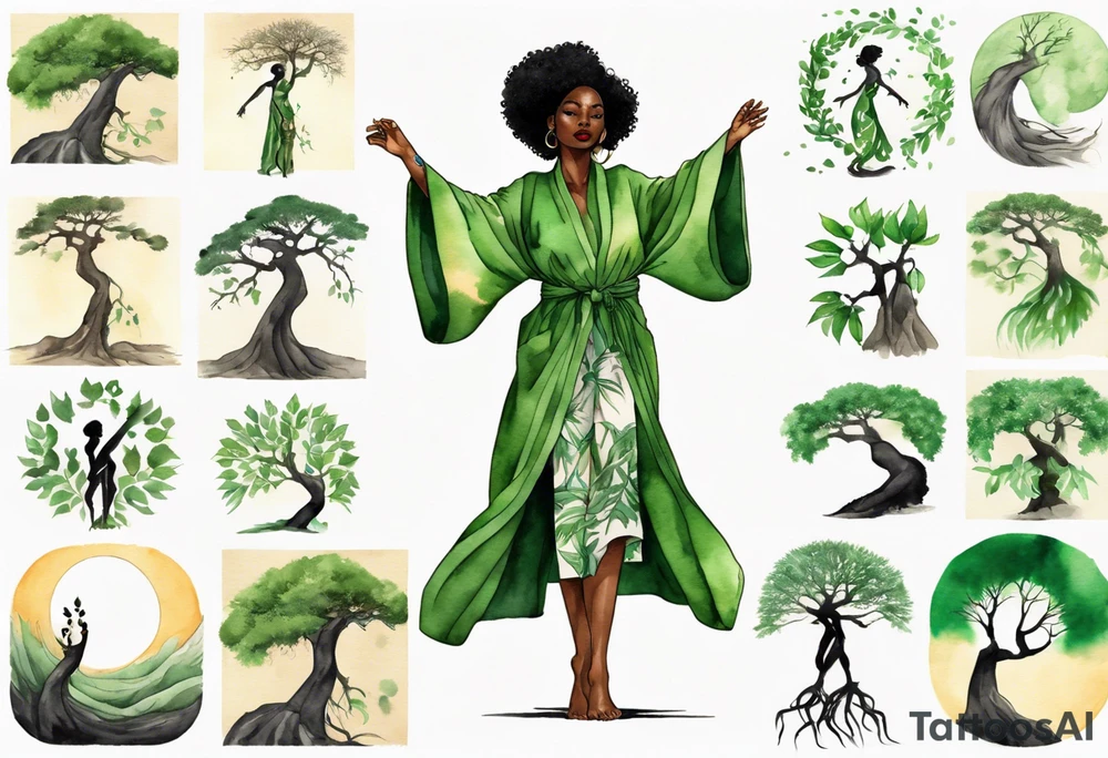 a beautiful black woman wearing a green robe with legs that turn into tree roots, arms reaching up towards the sun tattoo idea