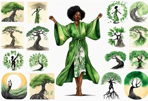 a beautiful black woman wearing a green robe with legs that turn into tree roots, arms reaching up towards the sun tattoo idea