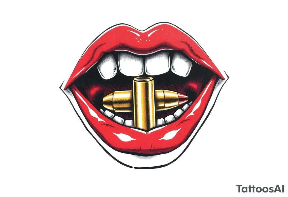 A set of lips snarling with 50cal round between teeth tattoo idea