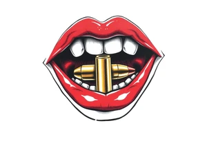 A set of lips snarling with 50cal round between teeth tattoo idea