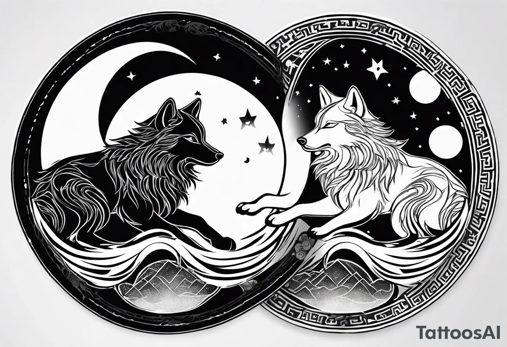 Two wolves—Sköll and Hati—one chasing the sun and the other chasing the moon. You could position them on opposite sides of a circular design with the sun rising and the moon setting at the top and bottom. tattoo idea