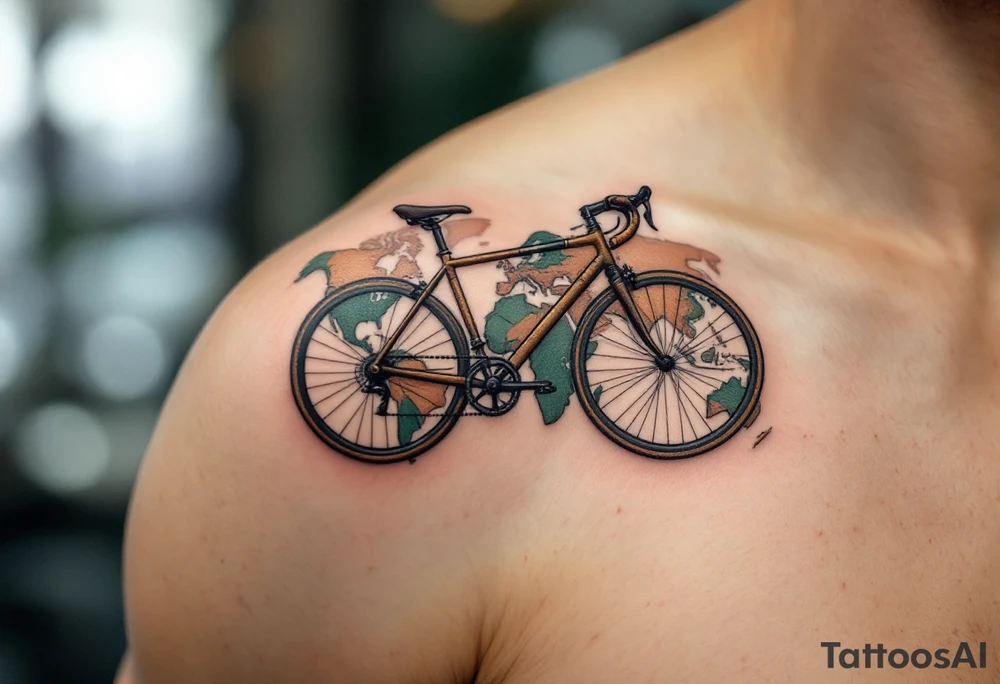 A bicycle with a world map pattern on the frame, in earthy tones like beige, brown, and green, symbolizing global exploration and wanderlust. tattoo idea