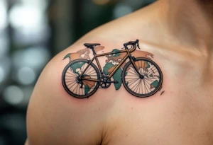 A bicycle with a world map pattern on the frame, in earthy tones like beige, brown, and green, symbolizing global exploration and wanderlust. tattoo idea