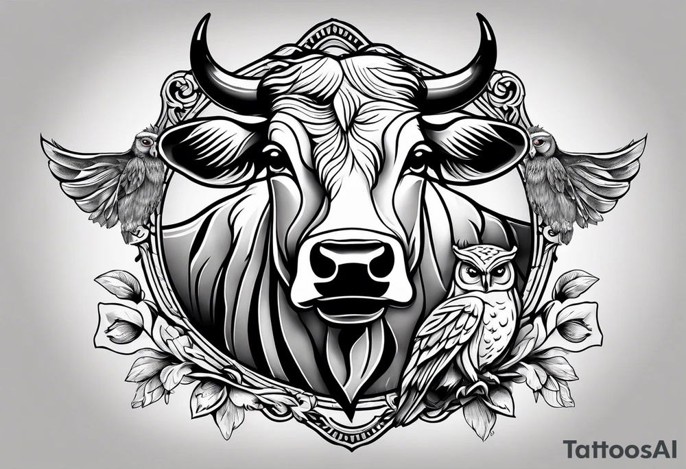 a cow and an owl standing next to each other with sheets over their heads tattoo idea