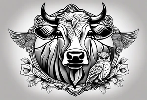a cow and an owl standing next to each other with sheets over their heads tattoo idea