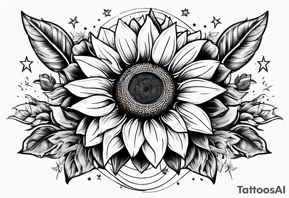 elegant tattoo design with sunflower surrounded by circle of little stars and arrow tattoo idea