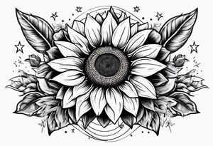 elegant tattoo design with sunflower surrounded by circle of little stars and arrow tattoo idea