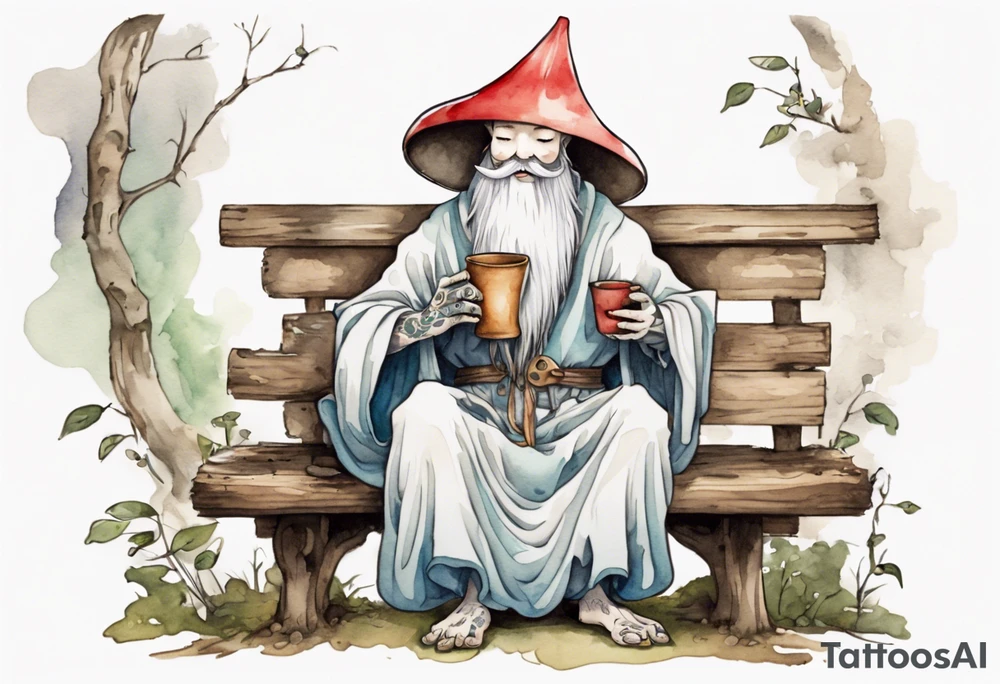 a kodama with a long beard wearing a mushroom hat and a medieval tunic drinking from a wood cup, sitting on a bench laughing tattoo idea
