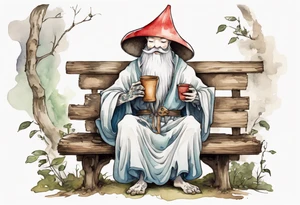 a kodama with a long beard wearing a mushroom hat and a medieval tunic drinking from a wood cup, sitting on a bench laughing tattoo idea