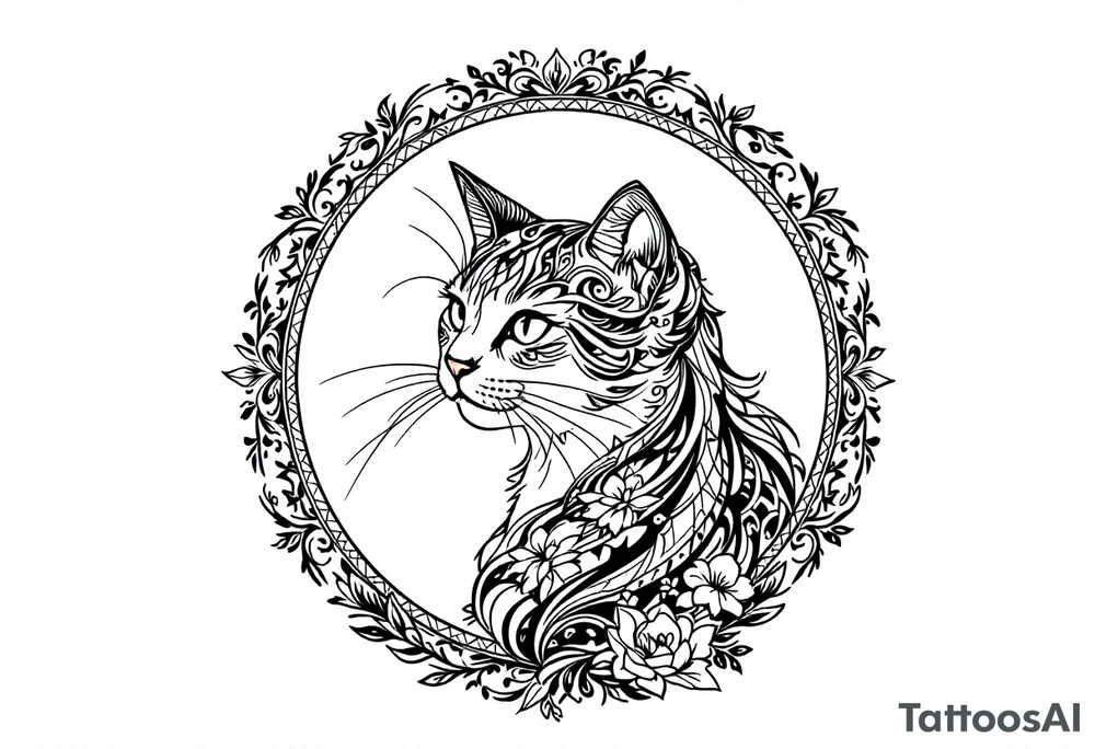 Neo traditional cat in an ornate frame tattoo idea