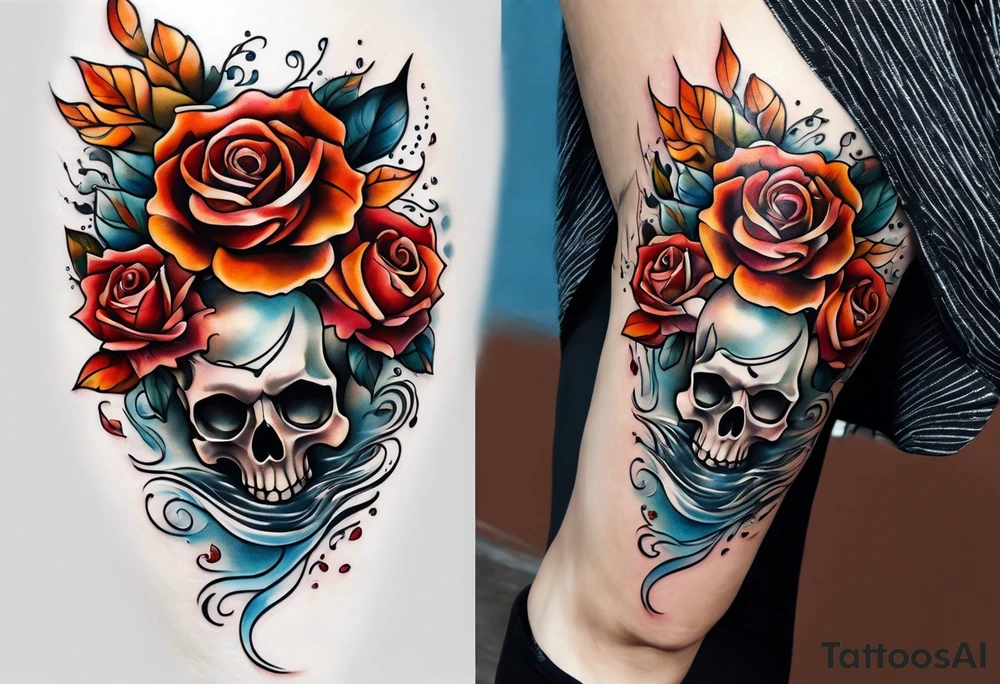 thigh tattoo with fall colors showing, small flowers, roses, water flow, and sky tattoo idea