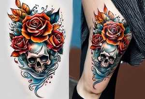 thigh tattoo with fall colors showing, small flowers, roses, water flow, and sky tattoo idea